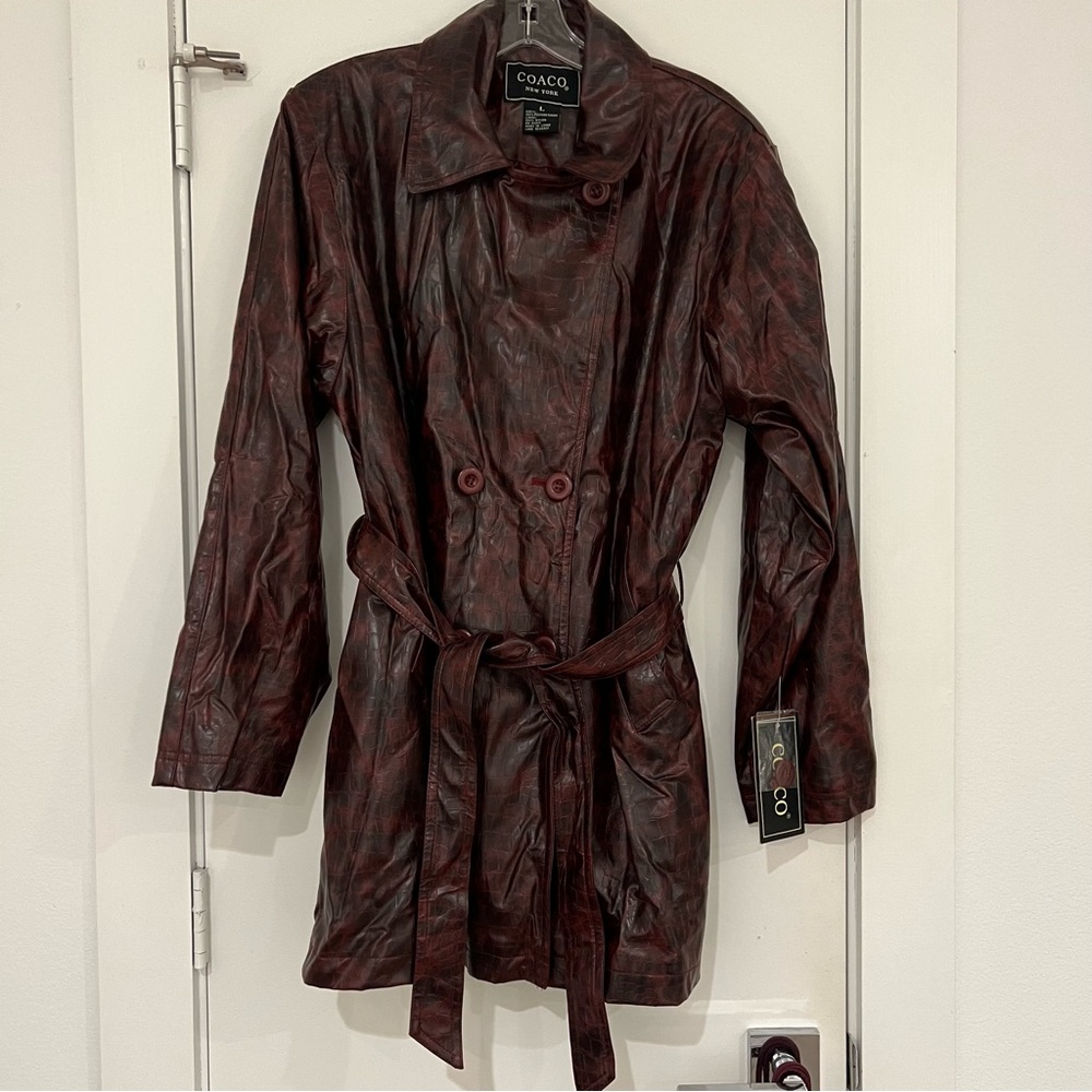 NEW Burgundy Leather Trench Coat with Tie